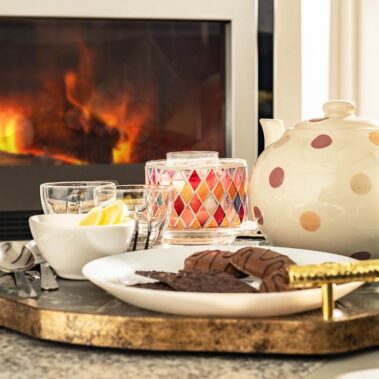 Delderfield living room cosy fire